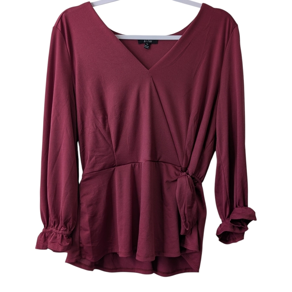 A.U.W. WOMEN'S BURGUNDY ELEGANT V-NECK BLOUSE WITH TIE DETAIL SIZE XL